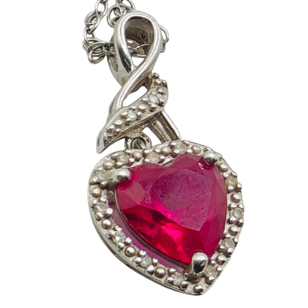 CN Sterling Silver 925 Heart Ruby‎ Pendant Necklace Diamonds Pave Accent